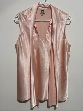 Anne Klein V Neck Sleeveless Satin Scarf-Front Blouse Salmon Pink Size L - Used